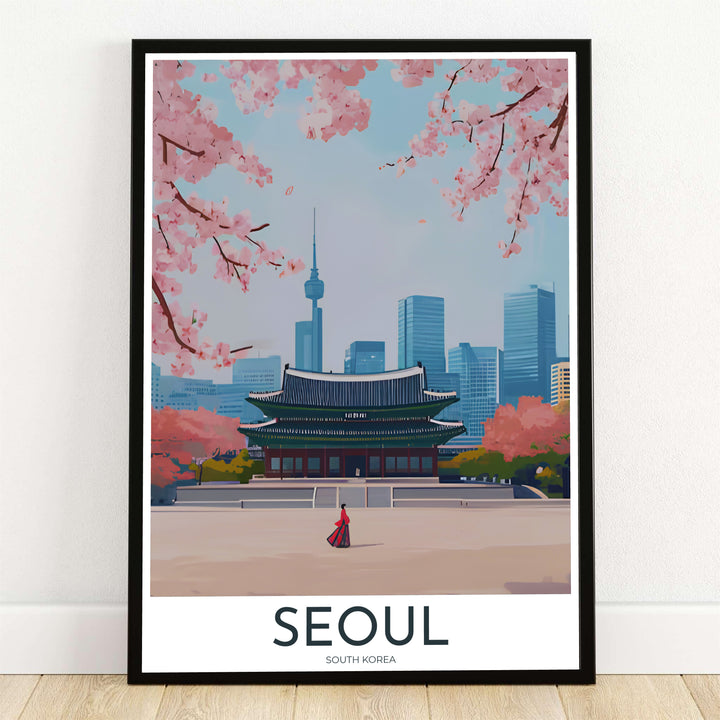 Elegant vector travel print showcasing a person in traditional red Hanbok walking across the grand courtyard of Gyeongbokgung Palace in Seoul, South Korea, with modern skyline skyscrapers, N Seoul Tower, and blooming spring cherry blossoms overhead. Offered by MapYourDreams, this artwork is available in flexible options including unframed paper, custom wooden frames, and gallery canvas wraps.
