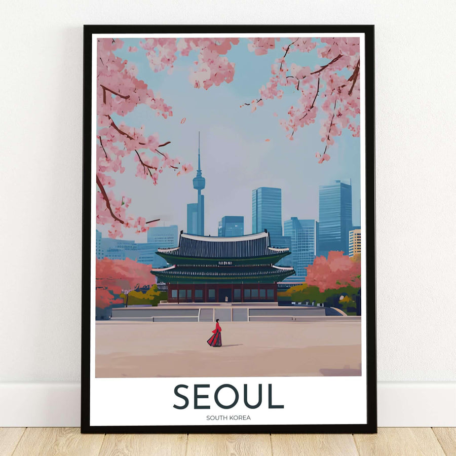 Elegant vector travel print showcasing a person in traditional red Hanbok walking across the grand courtyard of Gyeongbokgung Palace in Seoul, South Korea, with modern skyline skyscrapers, N Seoul Tower, and blooming spring cherry blossoms overhead. Offered by MapYourDreams, this artwork is available in flexible options including unframed paper, custom wooden frames, and gallery canvas wraps.