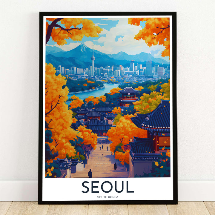 Panoramic autumn vector travel print capturing a stone staircase in Bukchon Hanok Village, Seoul, South Korea, framed by golden yellow ginkgo trees, traditional tiled roofs, the winding Han River, N Seoul Tower, and distant blue mountains. Offered by MapYourDreams, this artwork is available in flexible options including unframed paper, custom wooden frames, and gallery canvas wraps.
