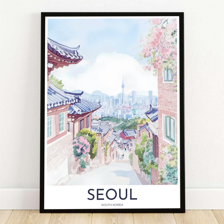 Soft watercolor travel art print depicting a sunlit alleyway in Bukchon Hanok Village, Seoul, South Korea, with curved tiled roofs, pink cherry blossoms, brick walls, and the distant N Seoul Tower under a hazy sky. Offered by MapYourDreams, this artwork is available in flexible options including unframed paper, custom wooden frames, and gallery canvas wraps.