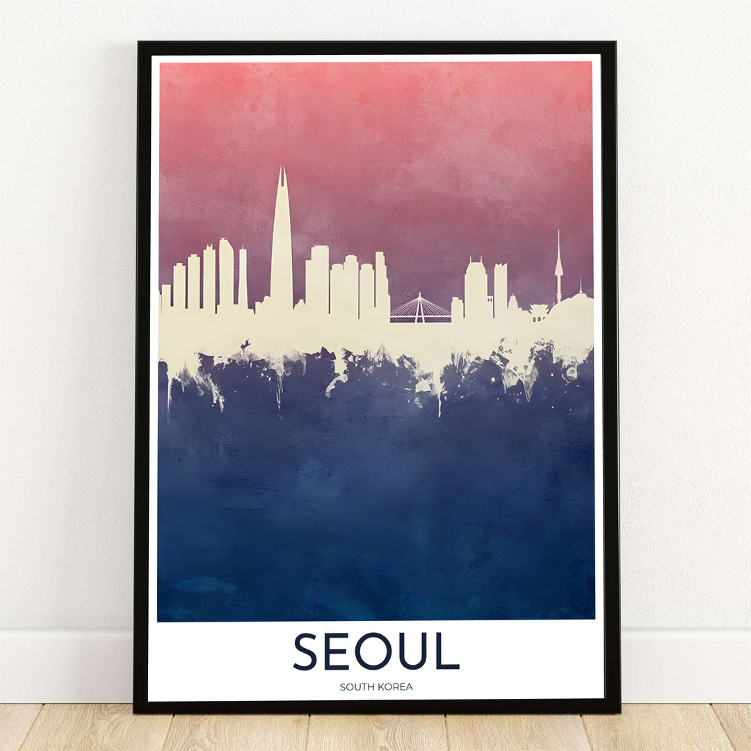 Elegant gradient watercolor travel art print depicting the Seoul skyline in South Korea, featuring silhouettes of Lotte World Tower and N Seoul Tower between a dusty rose sky and indigo blue base. Offered by MapYourDreams, this artwork is available in flexible options including unframed paper, custom wooden frames, and gallery canvas wraps.