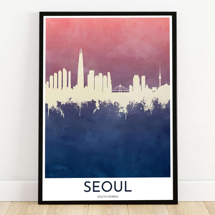 Elegant gradient watercolor travel art print depicting the Seoul skyline in South Korea, featuring silhouettes of Lotte World Tower and N Seoul Tower between a dusty rose sky and indigo blue base. Offered by MapYourDreams, this artwork is available in flexible options including unframed paper, custom wooden frames, and gallery canvas wraps.
