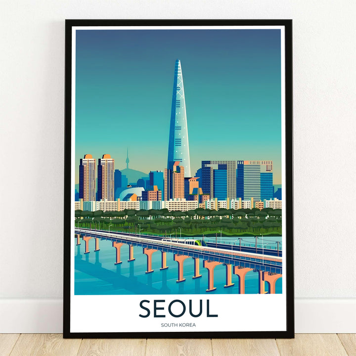 Detailed cityscape poster illustrating the iconic Lotte World Tower in Seoul, South Korea along the blue Han River, offered by MapYourDreams in versatile unframed paper, custom wooden frames, and gallery canvas wraps.