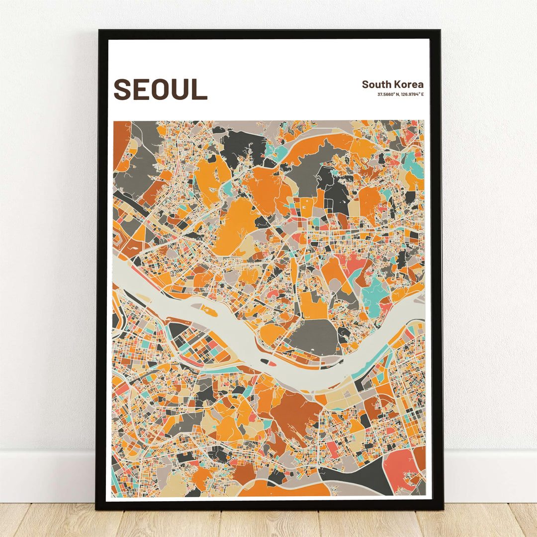 Minimalist warm beige city map art print showing the Han River and street grid of Seoul, South Korea, offered by MapYourDreams in flexible options including unframed paper, custom wooden frames, and gallery canvas wraps to effortlessly elevate your living room or office wall decor.