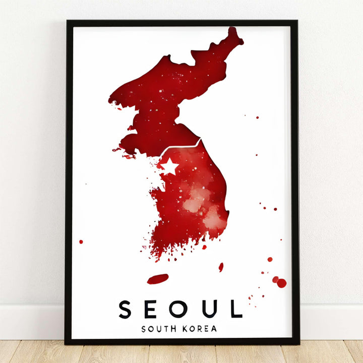 Abstract red watercolor map art print featuring the Korea peninsula silhouette with a white star marking Seoul, offered by MapYourDreams in flexible options including unframed paper, custom wooden frames, and gallery canvas wraps to effortlessly elevate your living room or office wall decor.