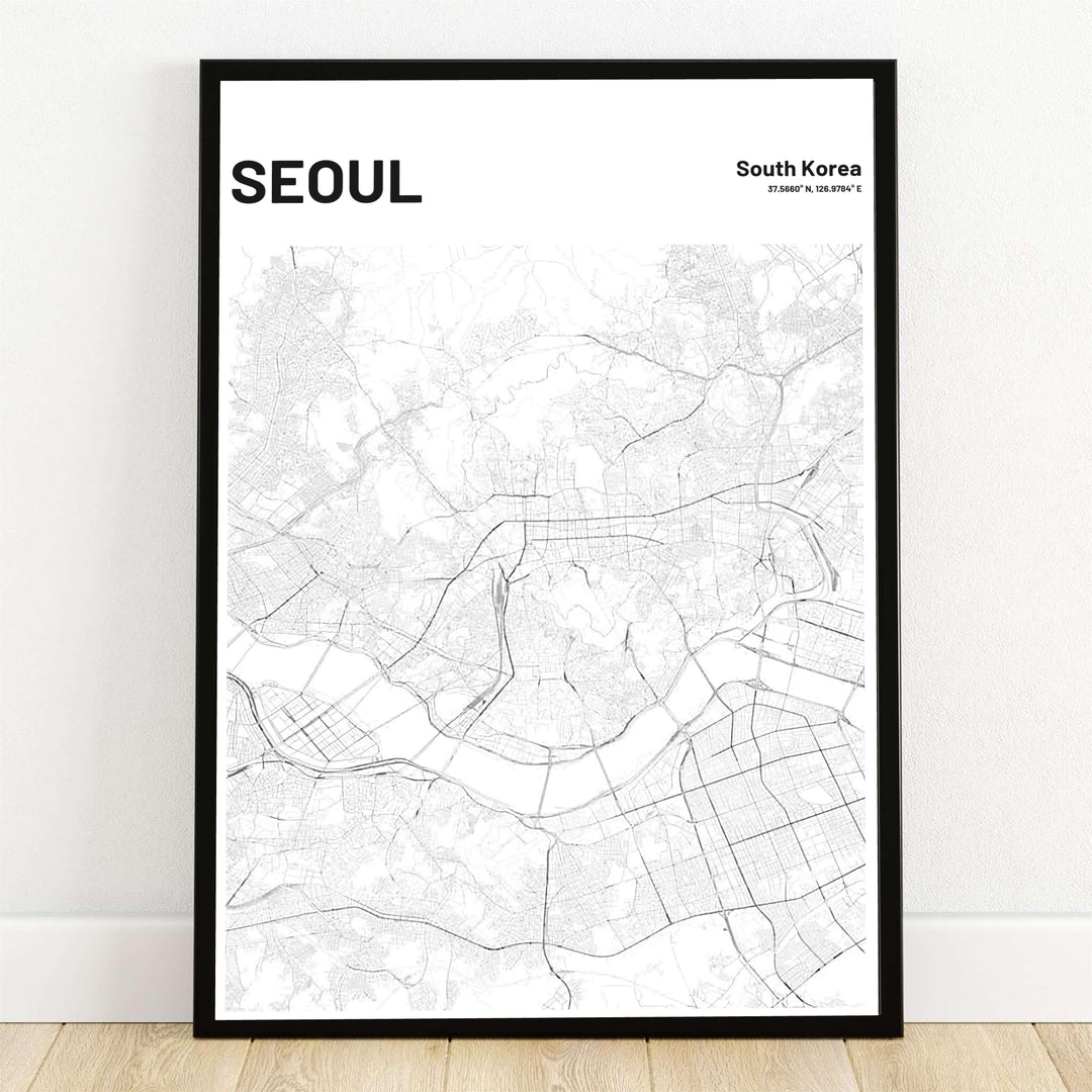 Minimalist black and white seoul south korea street grid map art print showcasing the winding han river and city road network, presented by MapYourDreams with flexible display options including unframed archival paper, custom wooden frames, and gallery canvas wraps to effortlessly elevate your modern wall decor.