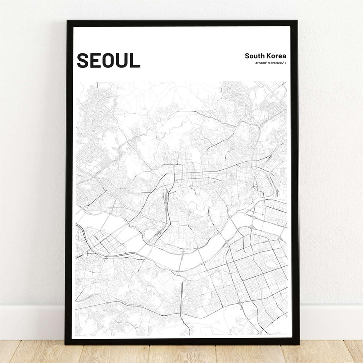 Minimalist black and white seoul south korea street grid map art print showcasing the winding han river and city road network, presented by MapYourDreams with flexible display options including unframed archival paper, custom wooden frames, and gallery canvas wraps to effortlessly elevate your modern wall decor.
