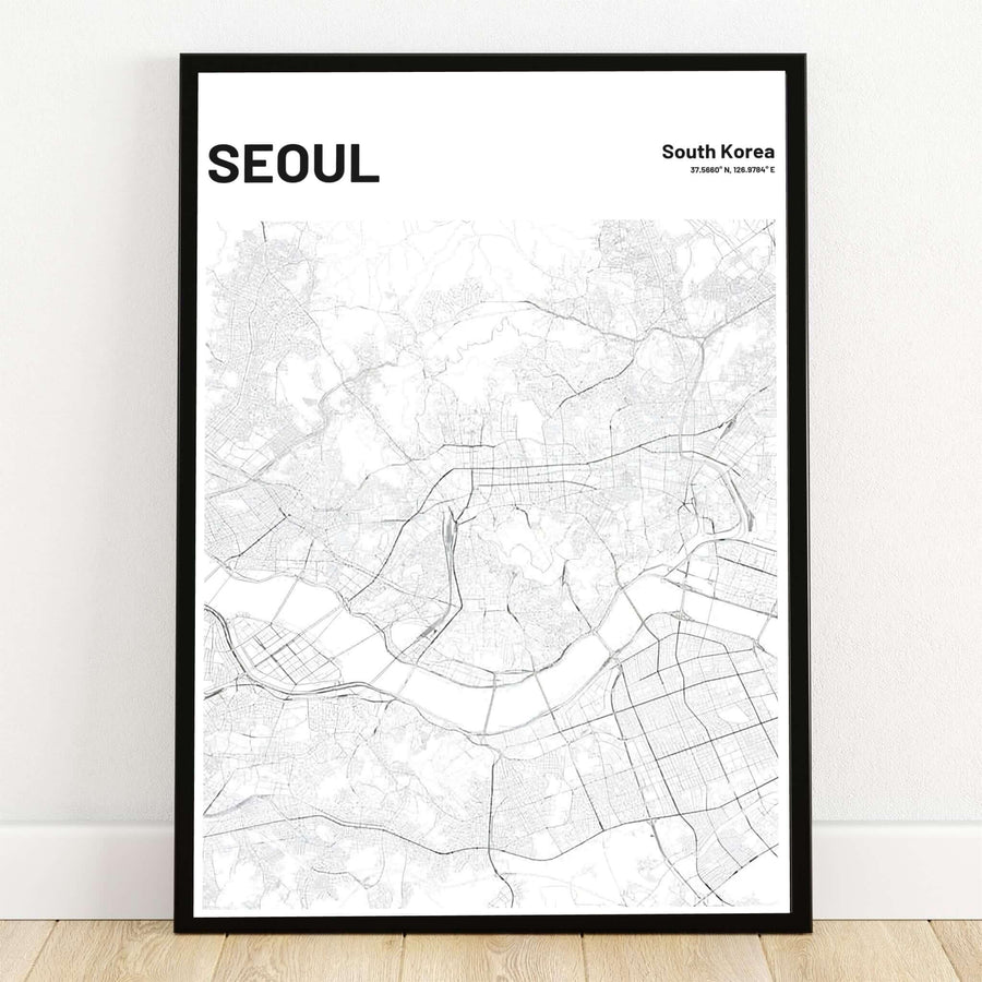 Minimalist black and white seoul south korea street grid map art print showcasing the winding han river and city road network, presented by MapYourDreams with flexible display options including unframed archival paper, custom wooden frames, and gallery canvas wraps to effortlessly elevate your modern wall decor.