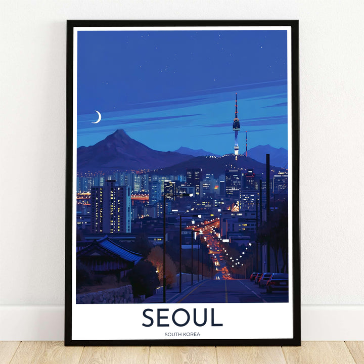 Atmospheric nocturnal cityscape art print displaying N Seoul Tower glowing under a crescent moon over the illuminated Seoul South Korea skyline, offered by MapYourDreams in flexible options including unframed paper, custom wooden frames, and gallery canvas wraps to elevate your living room wall decor.