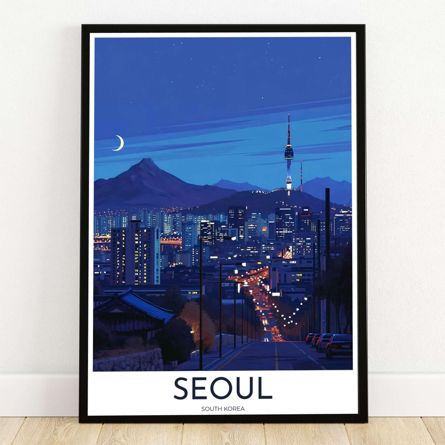 Atmospheric nocturnal cityscape art print displaying N Seoul Tower glowing under a crescent moon over the illuminated Seoul South Korea skyline, offered by MapYourDreams in flexible options including unframed paper, custom wooden frames, and gallery canvas wraps to elevate your living room wall decor.