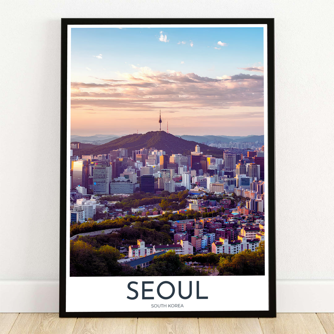 Luminous landscape photography print displaying N Seoul Tower atop Namsan Mountain at sunset over the Seoul South Korea skyline, offered by MapYourDreams in flexible options including unframed paper, custom wooden frames, and gallery canvas wraps to elevate your living room wall decor.