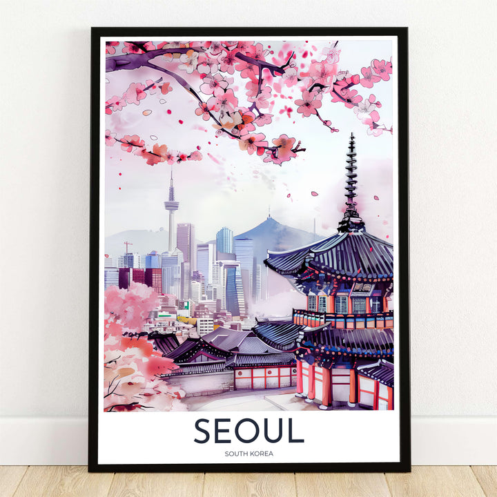 Elegant cherry blossom watercolor art print displaying blooming pink branches over a traditional Korean pagoda and N Seoul Tower in Seoul South Korea, offered by MapYourDreams in flexible options including unframed paper, custom wooden frames, and gallery canvas wraps to elevate your living room wall decor.