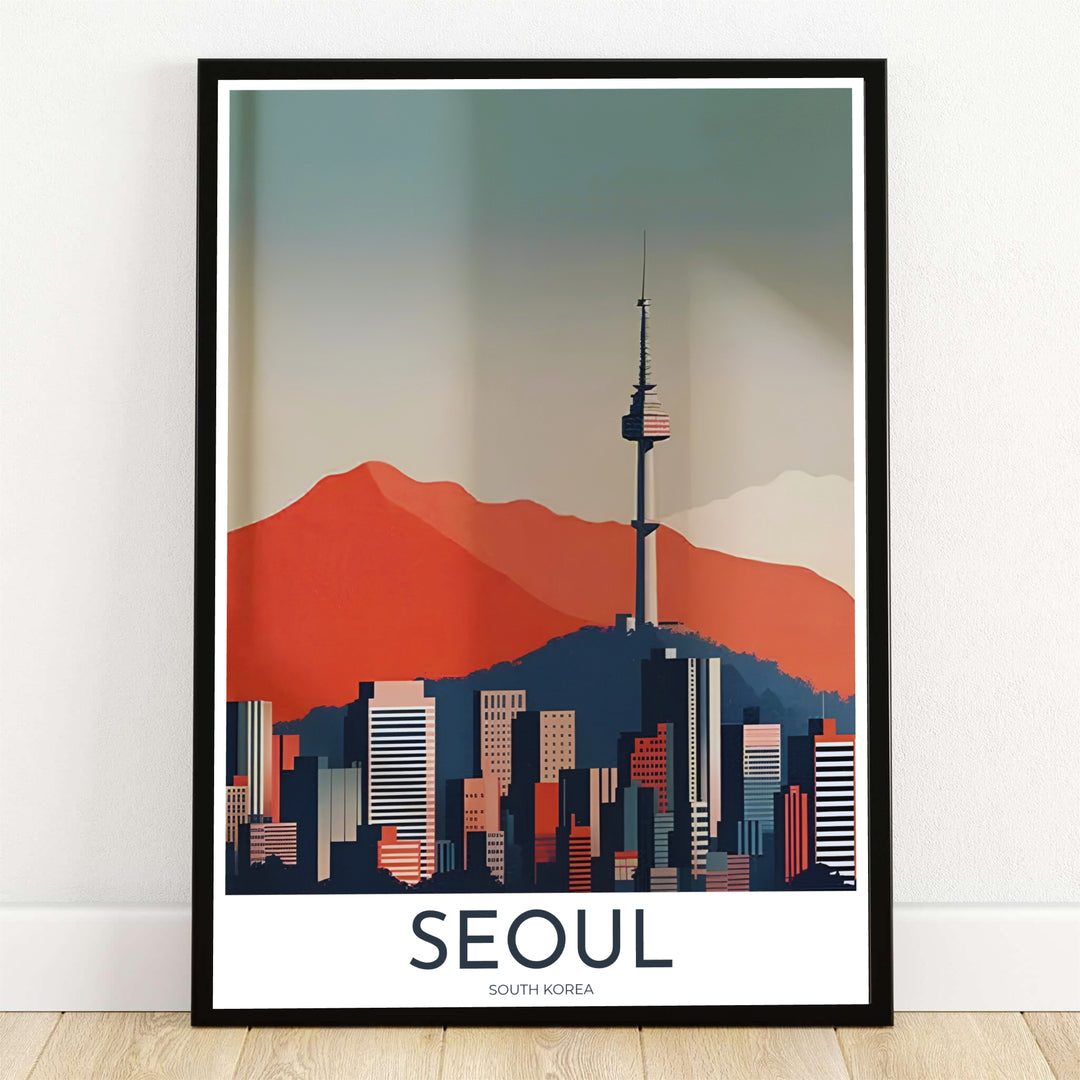 Minimalist retro vector travel poster displaying N Seoul Tower rising above Namsan Mountain and downtown skyscrapers in Seoul South Korea, offered by MapYourDreams in flexible options including unframed paper, custom wooden frames, and gallery canvas wraps to elevate your living room wall decor.