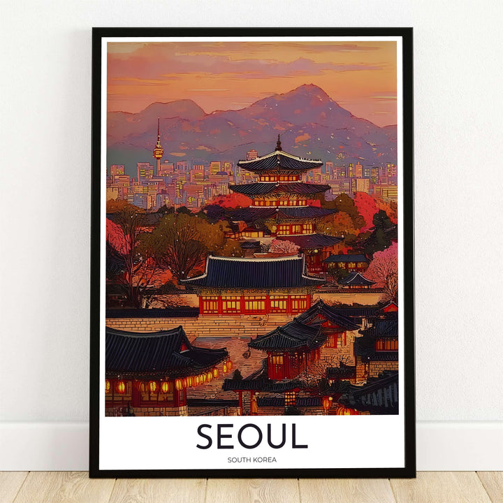 Luminous twilight travel poster displaying a historic Korean palace pagoda surrounded by glowing orange lanterns and modern skyscrapers in Seoul South Korea, offered by MapYourDreams in flexible options including unframed paper, custom wooden frames, and gallery canvas wraps to elevate your living room wall decor.