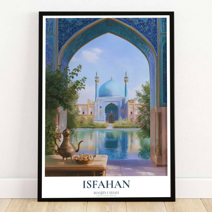 Fine art travel poster of the Shah Mosque in Isfahan Iran viewed through an intricate mosaic archway with courtyard reflecting pool. Offered by MapYourDreams, this artwork is available in flexible options including unframed paper, custom wooden frames, and gallery canvas wraps for room decor.