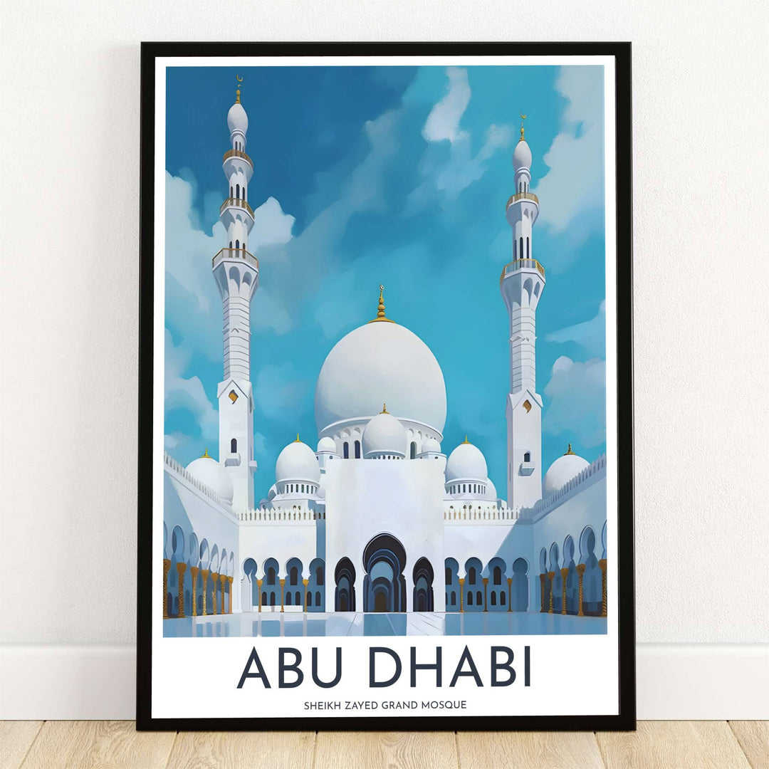 Modern vector graphic art print of Sheikh Zayed Grand Mosque in Abu Dhabi featuring white marble domes, minarets, and reflecting pools under a blue sky. Offered by MapYourDreams, this artwork is available in flexible options including unframed paper, custom wooden frames, and gallery canvas wraps for room decor.