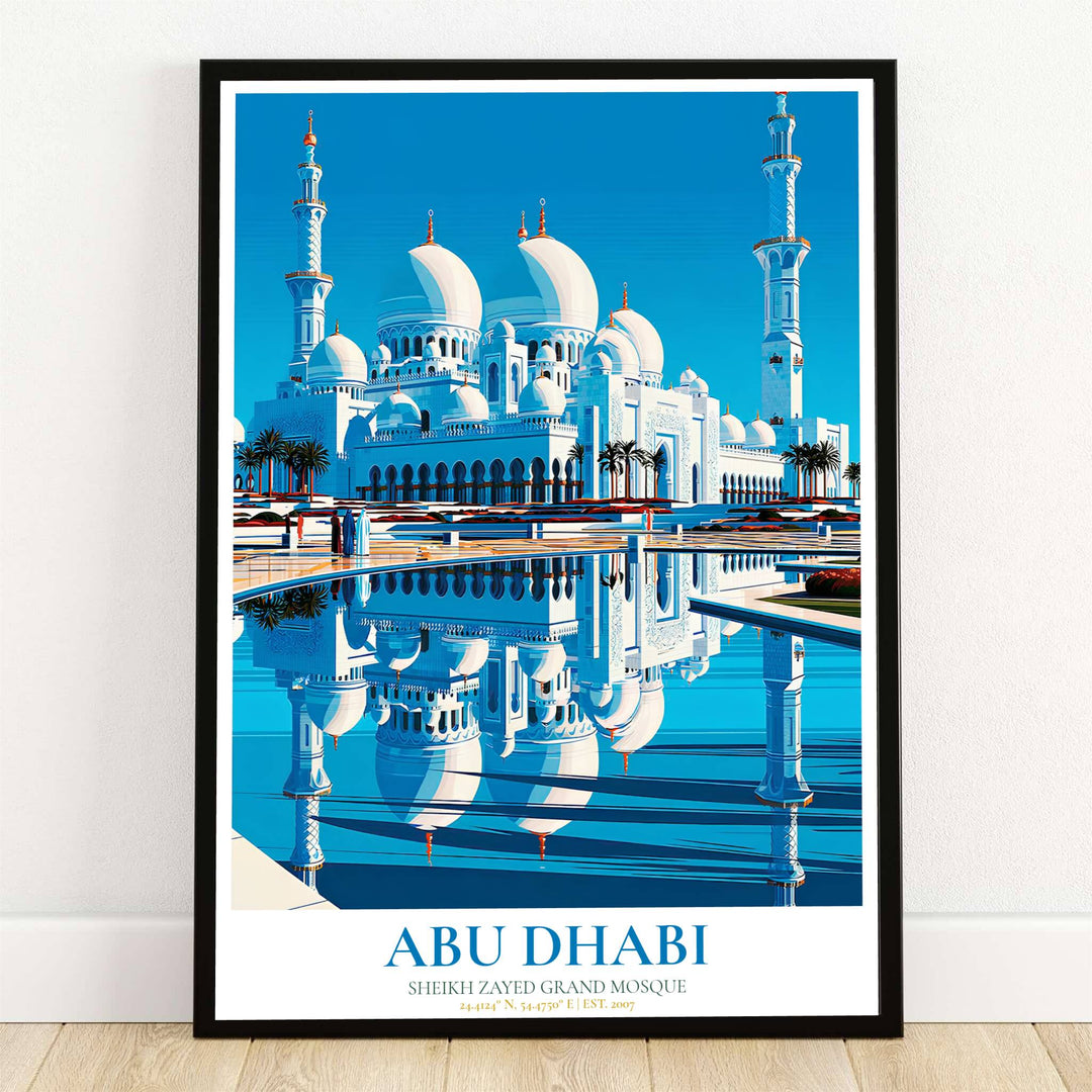 Modern vector graphic art print of Sheikh Zayed Grand Mosque in Abu Dhabi featuring white marble domes reflected in deep cerulean blue water pools. Offered by MapYourDreams, this artwork is available in flexible options including unframed paper, custom wooden frames, and gallery canvas wraps for room decor.