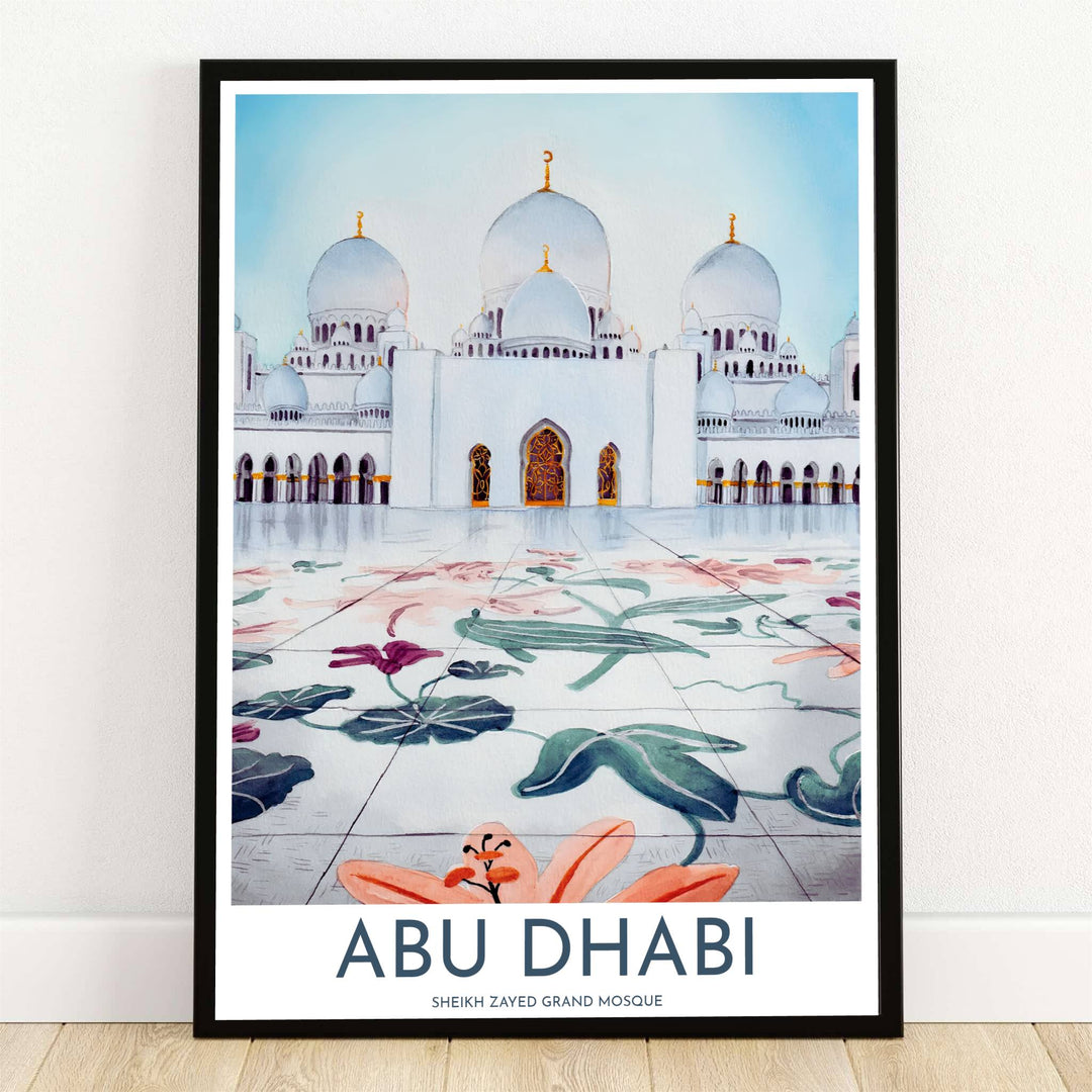 Delicate watercolor art print of Sheikh Zayed Grand Mosque in Abu Dhabi featuring courtyard marble floral inlays and white domes under soft blue sky. Offered by MapYourDreams, this artwork is available in flexible options including unframed paper, custom wooden frames, and gallery canvas wraps for room decor.