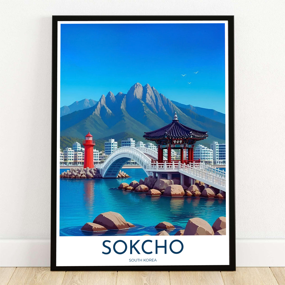Vibrant coastal travel poster displaying Yeonggeumjeong Pavilion, a red lighthouse, and Seoraksan Mountain in Sokcho South Korea, offered by MapYourDreams in flexible options including unframed paper, custom wooden frames, and gallery canvas wraps to elevate your living room wall decor.