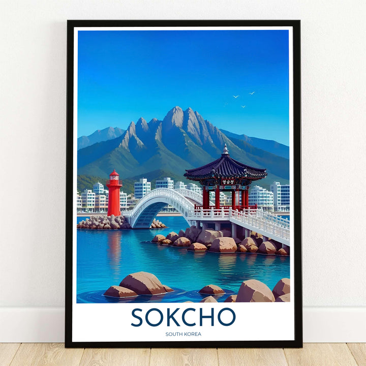 Vibrant coastal travel poster displaying Yeonggeumjeong Pavilion, a red lighthouse, and Seoraksan Mountain in Sokcho South Korea, offered by MapYourDreams in flexible options including unframed paper, custom wooden frames, and gallery canvas wraps to elevate your living room wall decor.