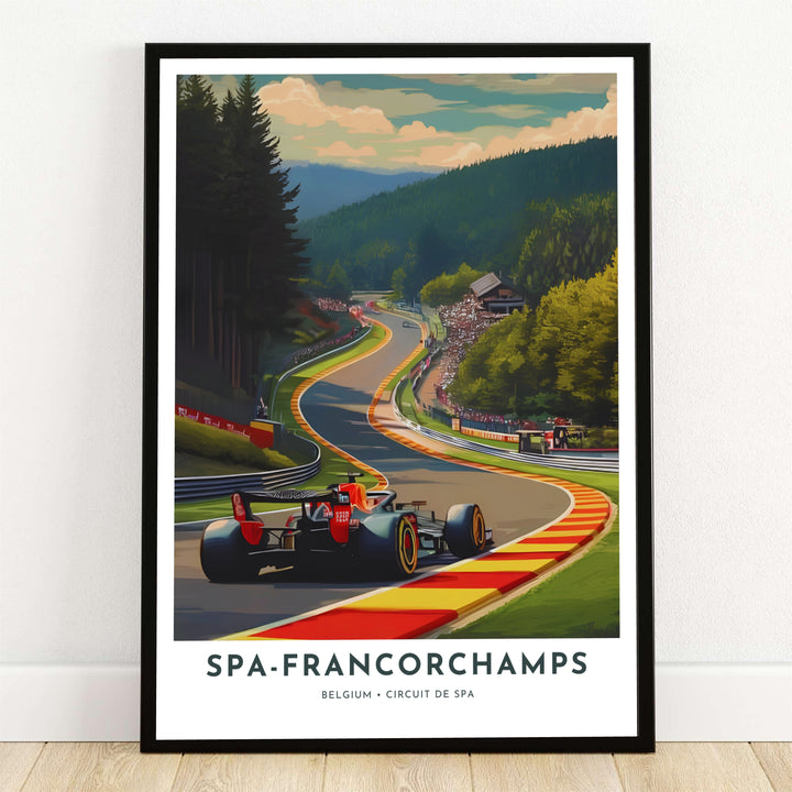 Illustrative Spa-Francorchamps circuit Poster featuring dynamic racing action, iconic red and yellow kerbs, and pine-covered mountains in Belgium. Offered by MapYourDreams, this artwork is available in flexible options including unframed paper, custom wooden frames, and gallery canvas wraps.