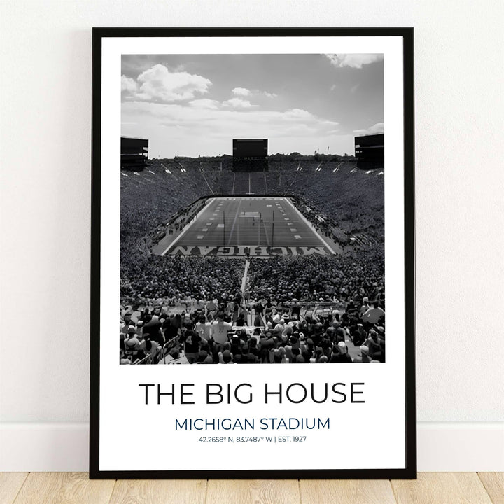 Black and white architectural photography art print of The Big House Michigan Stadium in Ann Arbor showing end zone perspective and packed crowd. Offered by MapYourDreams, this artwork is available in flexible options including unframed paper, custom wooden frames, and gallery canvas wraps for room decor.