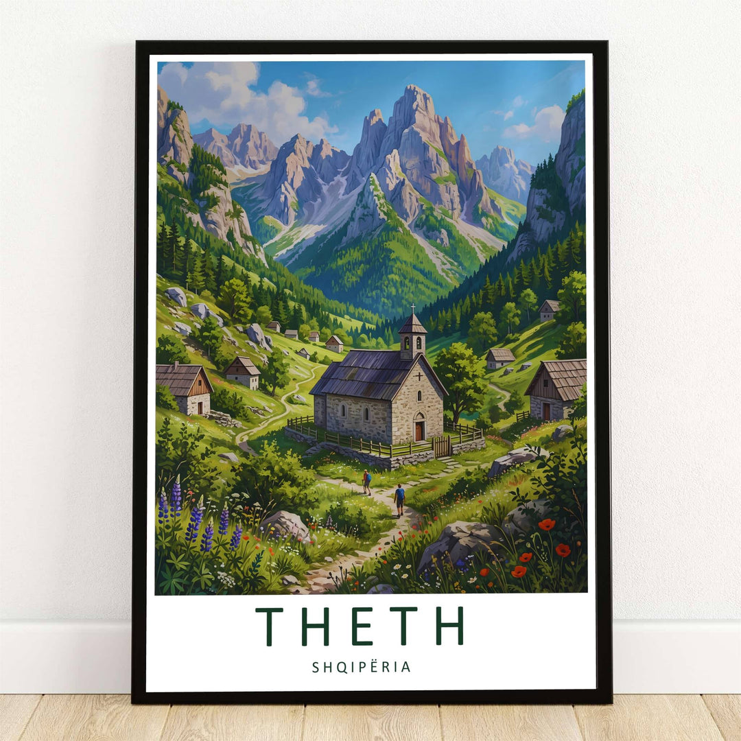 The solitary stone Church of Theth stands amidst a lush emerald valley beneath the towering limestone peaks of the Accursed Mountains in northern Albania. Offered by MapYourDreams, this artwork is available in flexible options including unframed paper, custom wooden frames, and gallery canvas wraps.