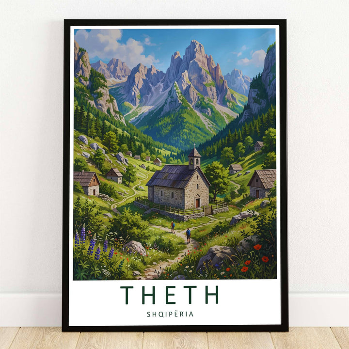 The solitary stone Church of Theth stands amidst a lush emerald valley beneath the towering limestone peaks of the Accursed Mountains in northern Albania. Offered by MapYourDreams, this artwork is available in flexible options including unframed paper, custom wooden frames, and gallery canvas wraps.