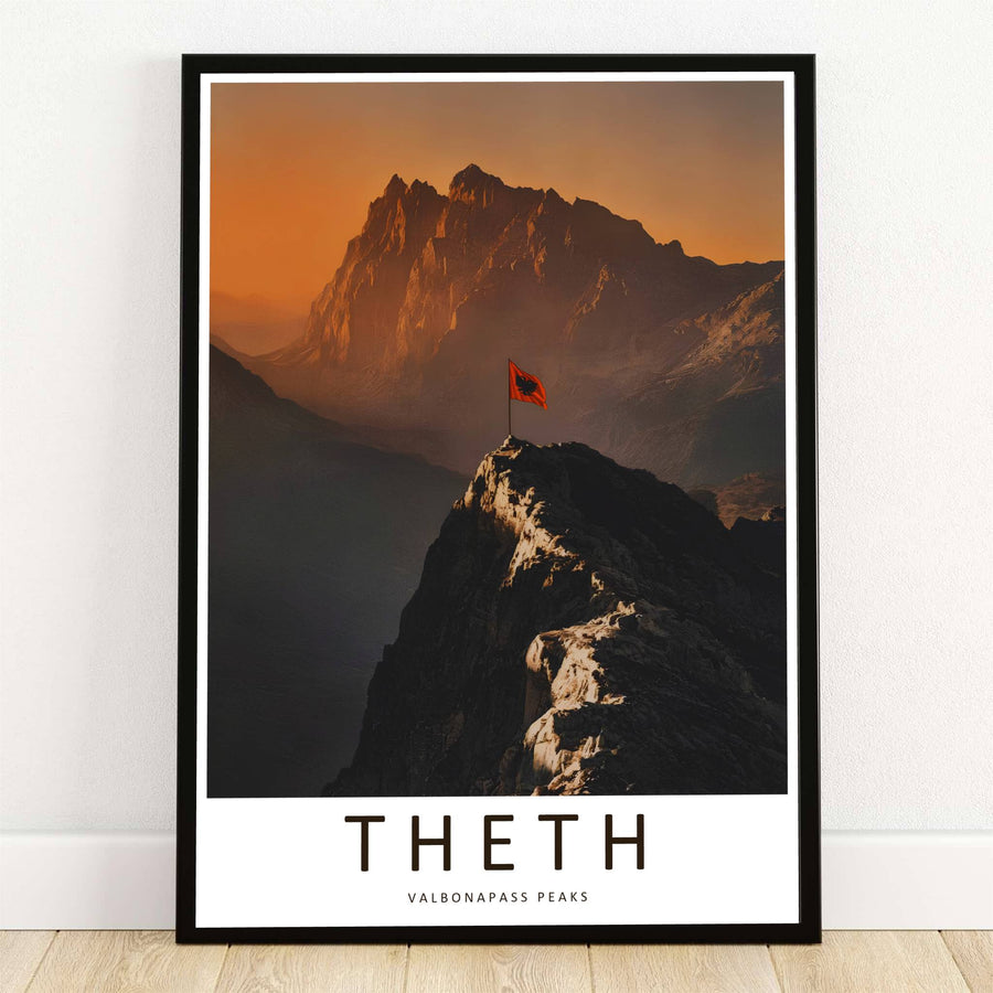The red-and-black Albanian flag flutters atop the rocky summit ridge of Valbona Pass in the Accursed Mountains during a golden sunrise. Offered by MapYourDreams, this artwork is available in flexible options including unframed paper, custom wooden frames, and gallery canvas wraps.
