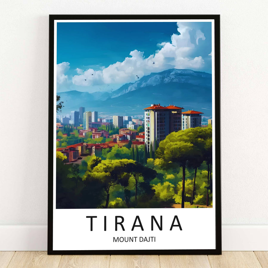 The soaring limestone ridge of Mount Dajti rises majestically behind the urban skyline of Tirana, Albania, in this retro travel poster. Offered by MapYourDreams, this artwork is available in flexible options including unframed paper, custom wooden frames, and gallery canvas wraps.