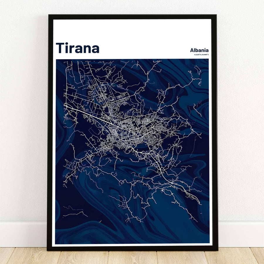 Minimalist white linework outlines the urban streets, major boulevards, and downtown blocks of Tirana, Albania, set against a deep navy blue liquid marble background with swirling abstract textures. Offered by MapYourDreams, this artwork is available in flexible options including unframed paper, custom wooden frames, and gallery canvas wraps.