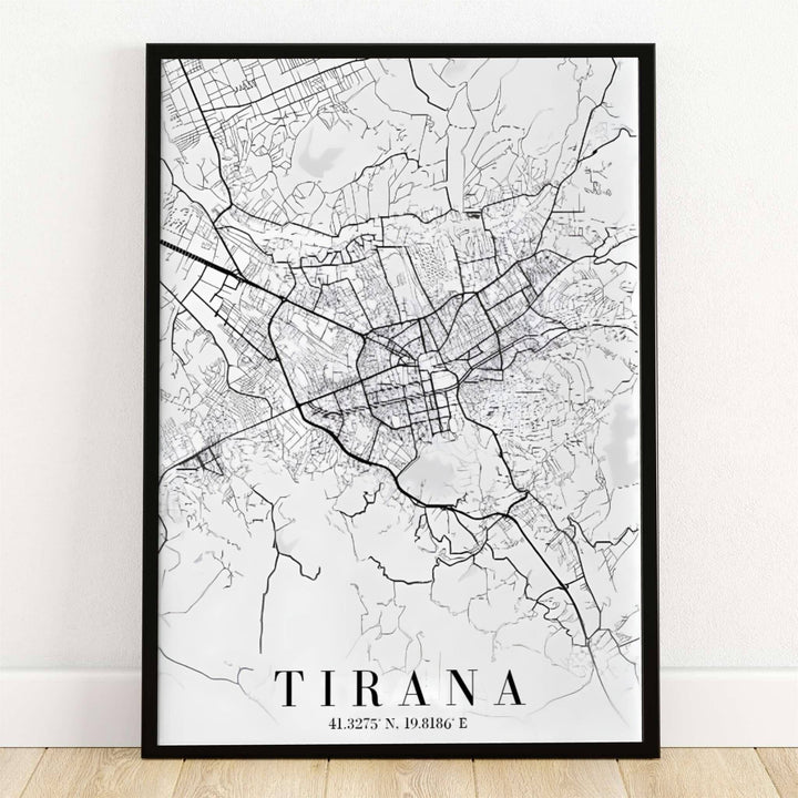 Minimalist black linework outlines the urban streets, major boulevards, and downtown blocks of Tirana, Albania, set against a clean off-white background. Offered by MapYourDreams, this artwork is available in flexible options including unframed paper, custom wooden frames, and gallery canvas wraps.