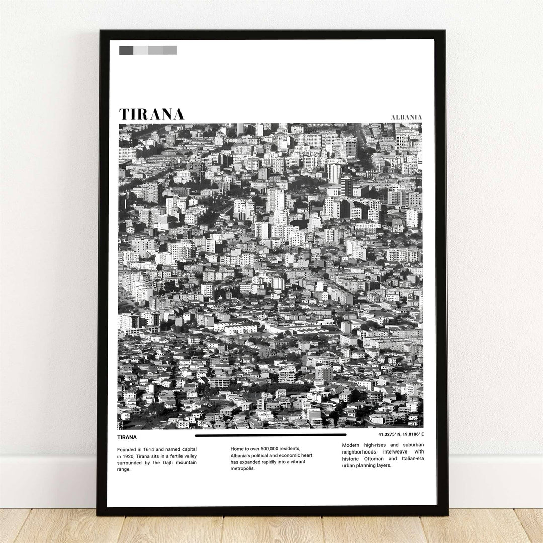 A high-angle aerial photograph of Tirana, Albania, captured in striking Black & White photography, reveals a dense monochrome tapestry of urban rooftops and modern architecture. Offered by MapYourDreams, this photo print is available in flexible options including unframed paper, custom wooden frames, and gallery canvas wraps.