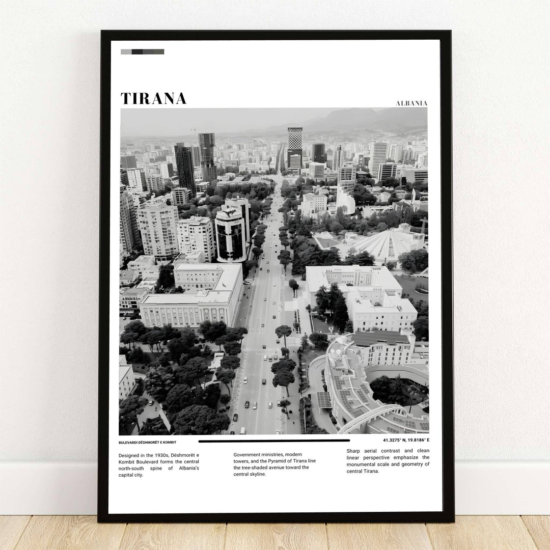 A high-angle aerial photograph of Dëshmorët e Kombit Boulevard in Tirana, Albania, captured in striking Black & White photography, reveals the grand linear perspective of the capital's historic axis. Offered by MapYourDreams, this photo print is available in flexible options including unframed paper, custom wooden frames, and gallery canvas wraps.