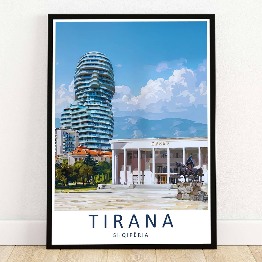 The soaring modern skyscraper and historic Opera House colonnade of Tirana, Albania, stand side by side in Skanderbeg Square in this contemporary travel poster. Offered by MapYourDreams, this artwork is available in flexible options including unframed paper, custom wooden frames, and gallery canvas wraps.