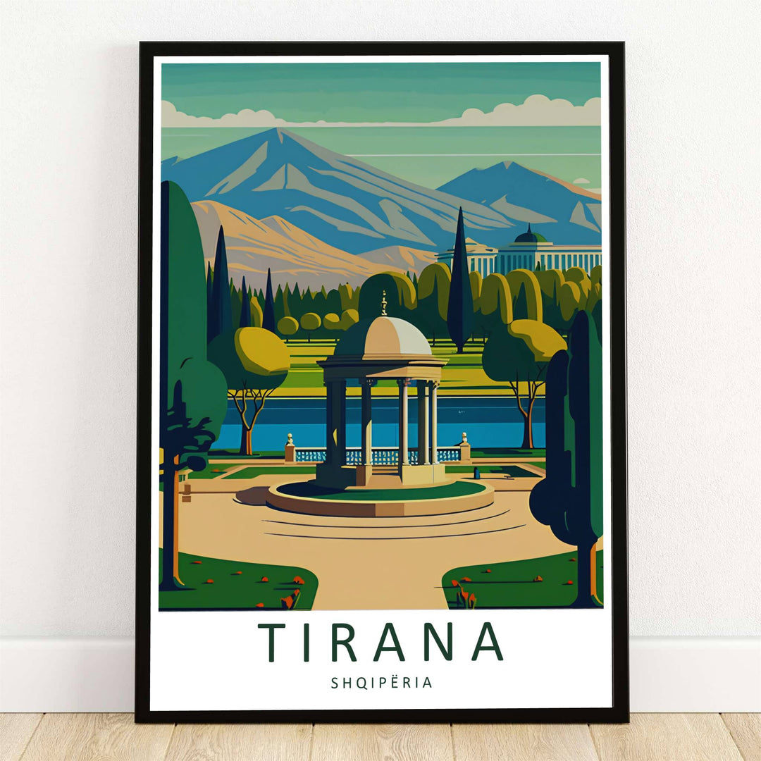 An elegant neoclassical gazebo stands by the Artificial Lake in the Grand Park of Tirana, Albania, illustrated in a clean retro travel poster style. Offered by MapYourDreams, this artwork is available in flexible options including unframed paper, custom wooden frames, and gallery canvas wraps.