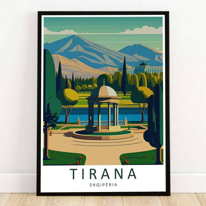 An elegant neoclassical gazebo stands by the Artificial Lake in the Grand Park of Tirana, Albania, illustrated in a clean retro travel poster style. Offered by MapYourDreams, this artwork is available in flexible options including unframed paper, custom wooden frames, and gallery canvas wraps.