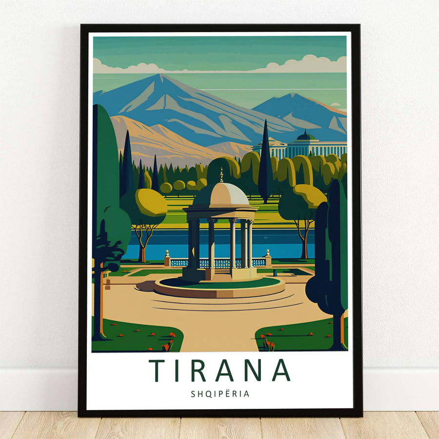 An elegant neoclassical gazebo stands by the Artificial Lake in the Grand Park of Tirana, Albania, illustrated in a clean retro travel poster style. Offered by MapYourDreams, this artwork is available in flexible options including unframed paper, custom wooden frames, and gallery canvas wraps.