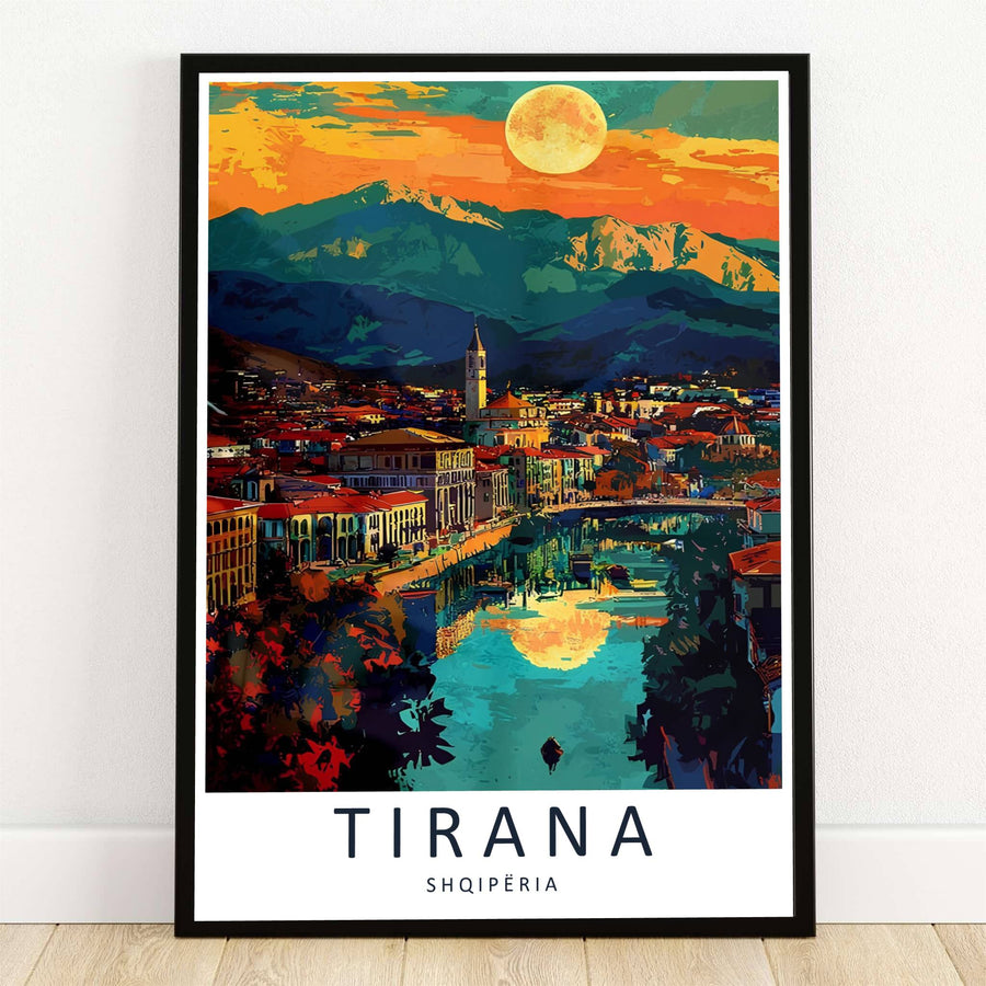 The historic Kulla e Sahatit clock tower rises above glowing terracotta rooftops as a fiery amber sunset illuminates Mount Dajti in Tirana, Albania. Offered by MapYourDreams, this artwork is available in flexible options including unframed paper, custom wooden frames, and gallery canvas wraps.