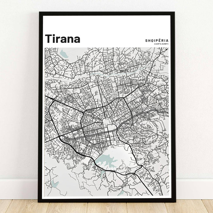Minimalist black linework outlines the urban streets, major boulevards, and downtown blocks of Tirana, Albania, featuring the Artificial Lake set against soft grey background zones. Offered by MapYourDreams, this artwork is available in flexible options including unframed paper, custom wooden frames, and gallery canvas wraps.