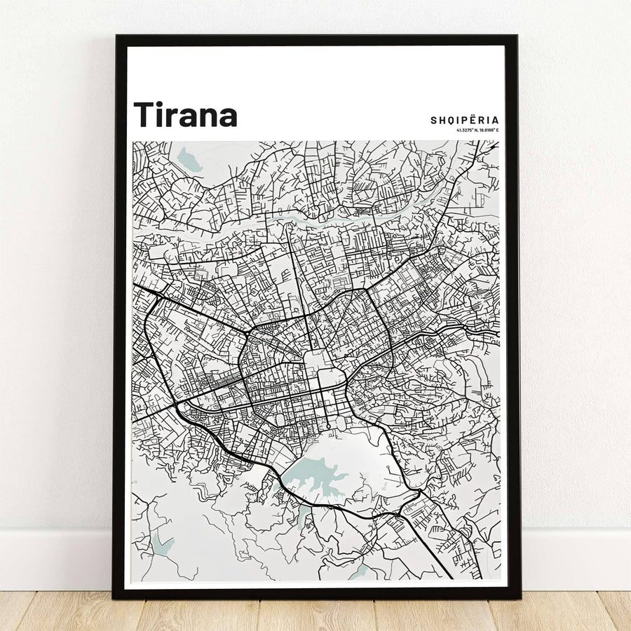 Minimalist black linework outlines the urban streets, major boulevards, and downtown blocks of Tirana, Albania, featuring the Artificial Lake set against soft grey background zones. Offered by MapYourDreams, this artwork is available in flexible options including unframed paper, custom wooden frames, and gallery canvas wraps.