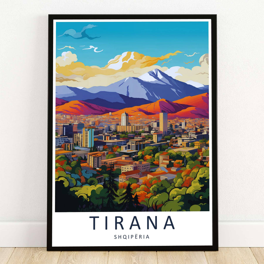 The snow-dusted peaks of Mount Dajti rise majestically behind the golden sunset skyline of Tirana, Albania, in this retro travel poster. Offered by MapYourDreams, this artwork is available in flexible options including unframed paper, custom wooden frames, and gallery canvas wraps.