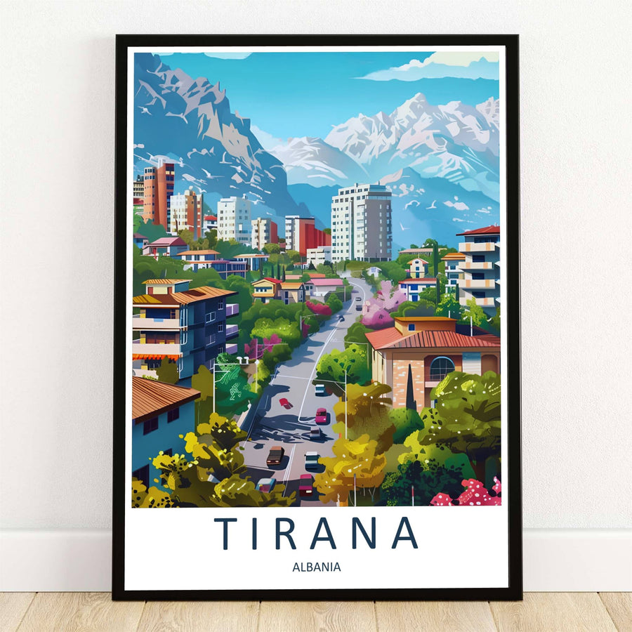 A scenic tree-lined avenue leads toward snow-dusted alpine peaks and modern residential towers in Tirana, Albania, captured in a retro travel poster style. Offered by MapYourDreams, this artwork is available in flexible options including unframed paper, custom wooden frames, and gallery canvas wraps.