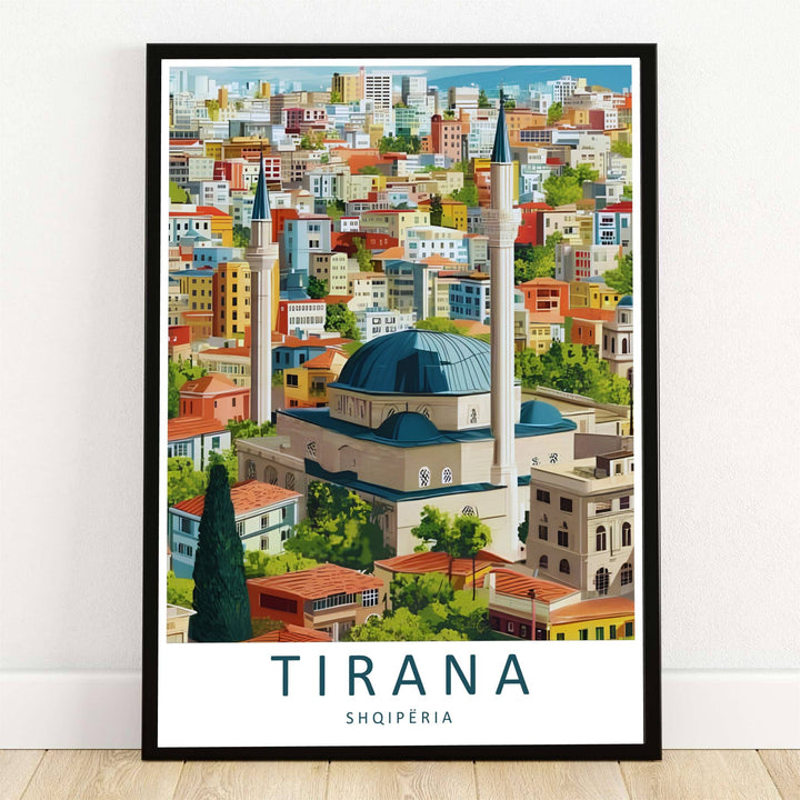 The magnificent Namazgah Mosque and its soaring minarets stand out against the colorful urban skyline of Tirana, Albania, in this clean vector travel poster. Offered by MapYourDreams, this artwork is available in flexible options including unframed paper, custom wooden frames, and gallery canvas wraps.