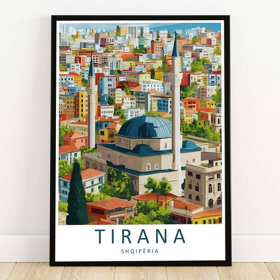 The magnificent Namazgah Mosque and its soaring minarets stand out against the colorful urban skyline of Tirana, Albania, in this clean vector travel poster. Offered by MapYourDreams, this artwork is available in flexible options including unframed paper, custom wooden frames, and gallery canvas wraps.