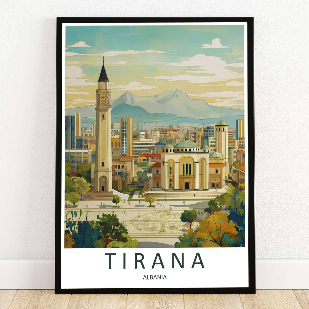 The soaring standalone bell tower and grand dome of the Orthodox Cathedral of the Resurrection stand out against the urban skyline of Tirana, Albania, in this clean retro travel poster. Offered by MapYourDreams, this artwork is available in flexible options including unframed paper, custom wooden frames, and gallery canvas wraps.