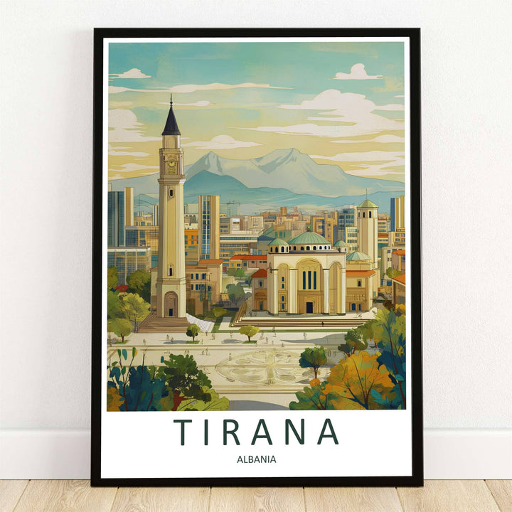 The soaring standalone bell tower and grand dome of the Orthodox Cathedral of the Resurrection stand out against the urban skyline of Tirana, Albania, in this clean retro travel poster. Offered by MapYourDreams, this artwork is available in flexible options including unframed paper, custom wooden frames, and gallery canvas wraps.