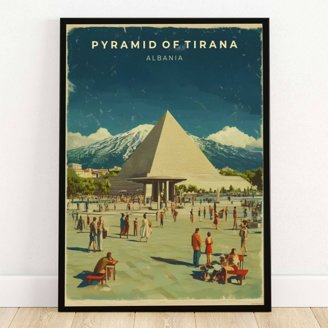 The monumental brutalist architecture of the Pyramid of Tirana stands proudly above a bustling public plaza in Albania, captured in a weathered vintage travel poster style. Offered by MapYourDreams, this artwork is available in flexible options including unframed paper, custom wooden frames, and gallery canvas wraps.