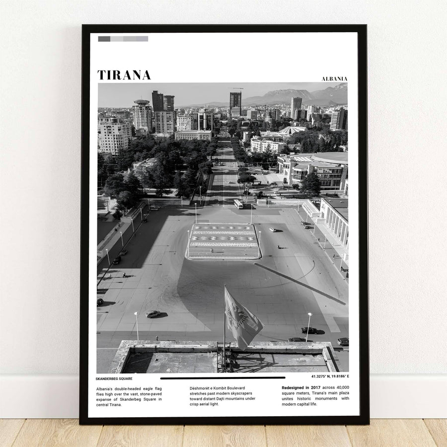 A high-angle aerial photograph of Sheshi Skënderbej in Tirana, Albania, captured in striking Black &amp; White photography, highlights the vast stone plaza and national flag. Offered by MapYourDreams, this photo print is available in flexible options including unframed paper, custom wooden frames, and gallery canvas wraps.