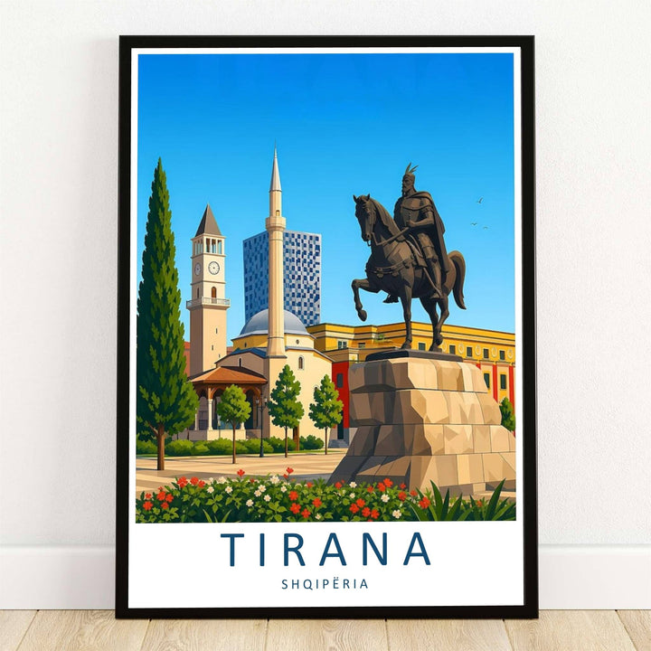 The majestic equestrian statue of Skanderbeg and the historic Clock Tower stand proudly in Skanderbeg Square, Tirana, Albania, in this clean vector travel poster. Offered by MapYourDreams, this artwork is available in flexible options including unframed paper, custom wooden frames, and gallery canvas wraps.